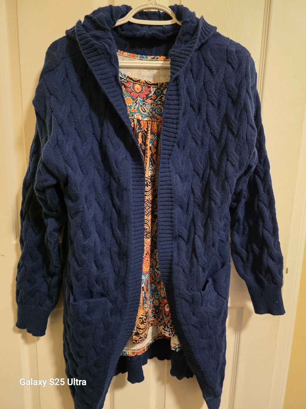 Amazon Navy Cable-Knit Hooded Cardigan with Open Front